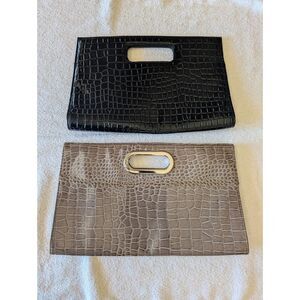 Lot of 2 Croc Embossed Clutch Handbags Black Taupe Faux Leather Purses